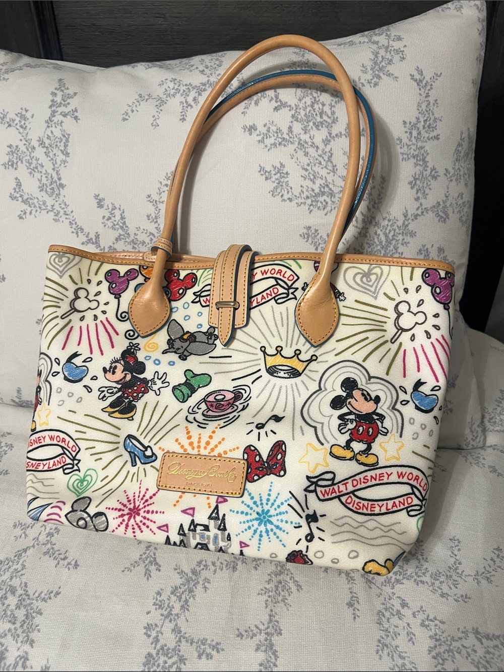 Dooney & Bourke White Disney Mickey & Minnie Canvas Tote with Tan Leather Trim